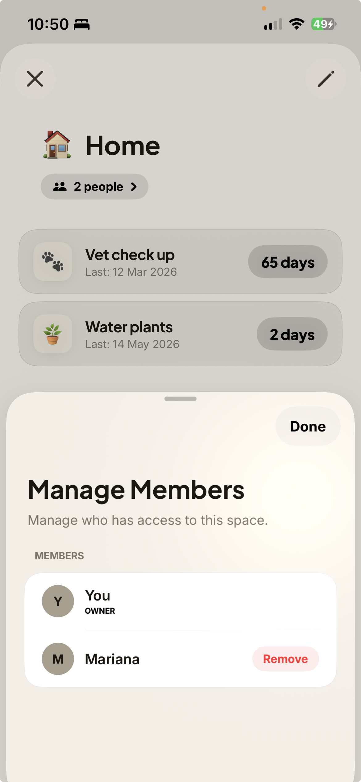 When app — managing members of a shared Home space